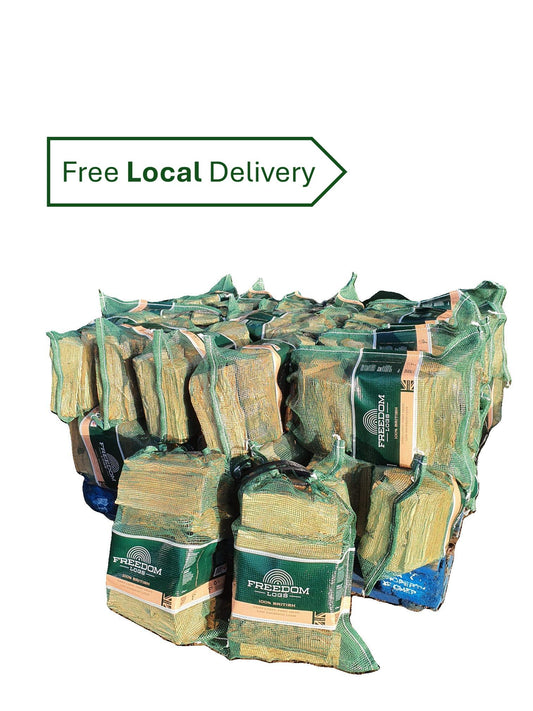 Stack of Net Bags of Kiln Dried Logs with 'Free Local Delivery' text on a white background