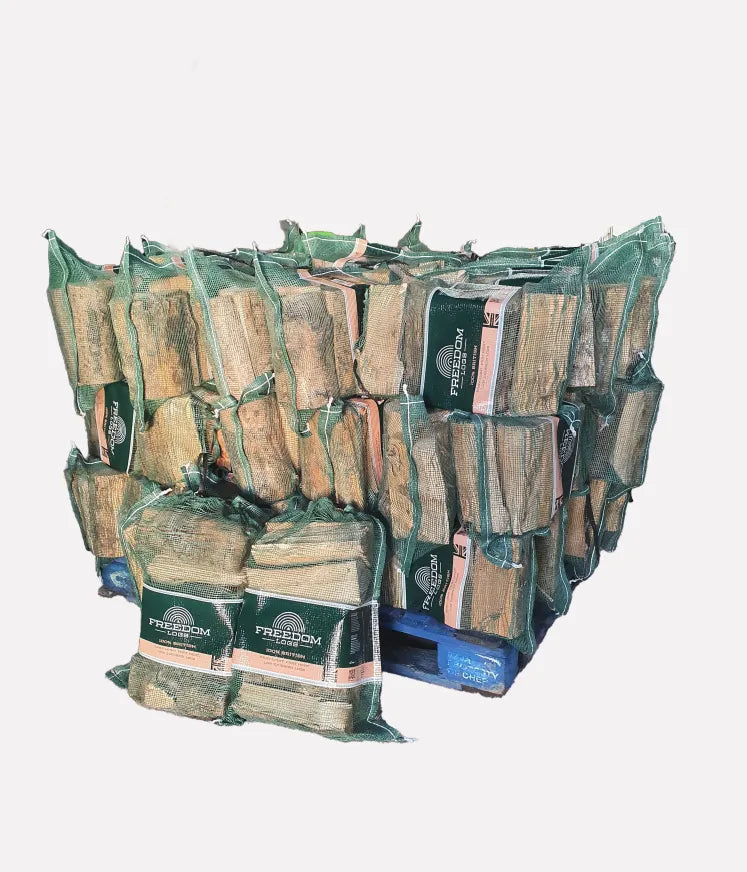 Large pallet of 45 net bags of kiln dried wood burner logs for sale