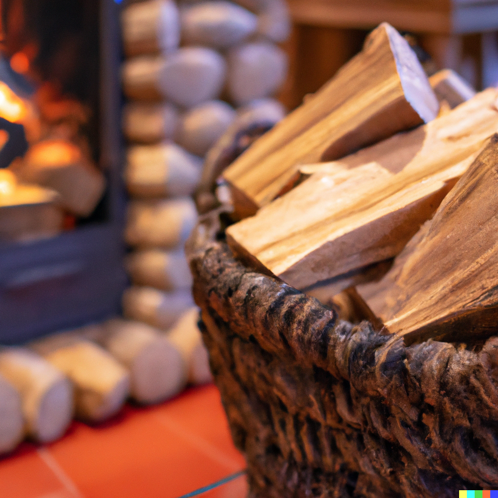 Log Basket in front of burning log stove