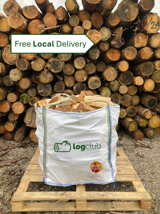 Bag of logs with Log Club branding in front of stacked logs with free local delivery text.