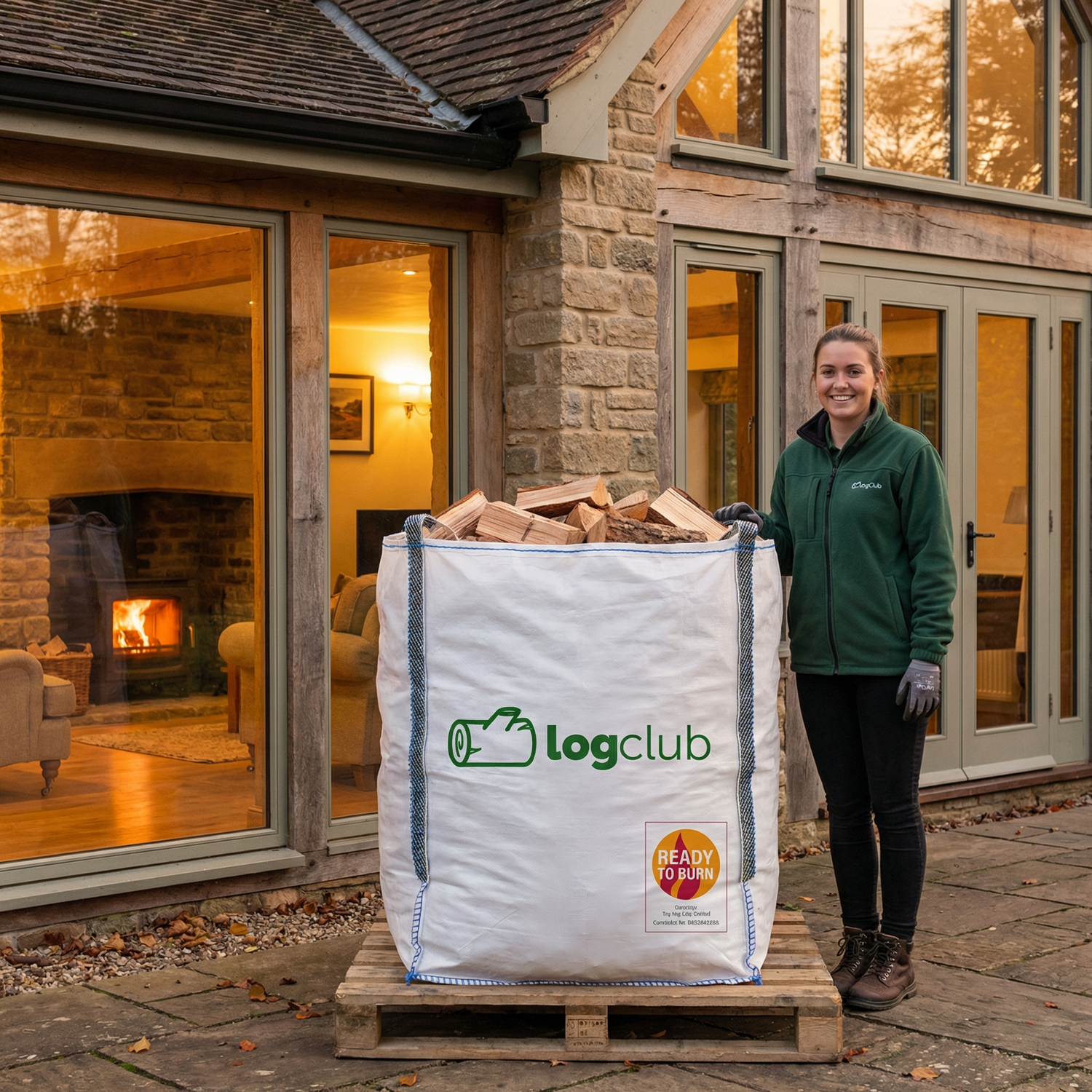 Large Bag of Kiln DriedWood Burner Logs outside of a property with a fireplace with a Log Burner which is lit and cosy. Female member of staff stood next to the great value logs