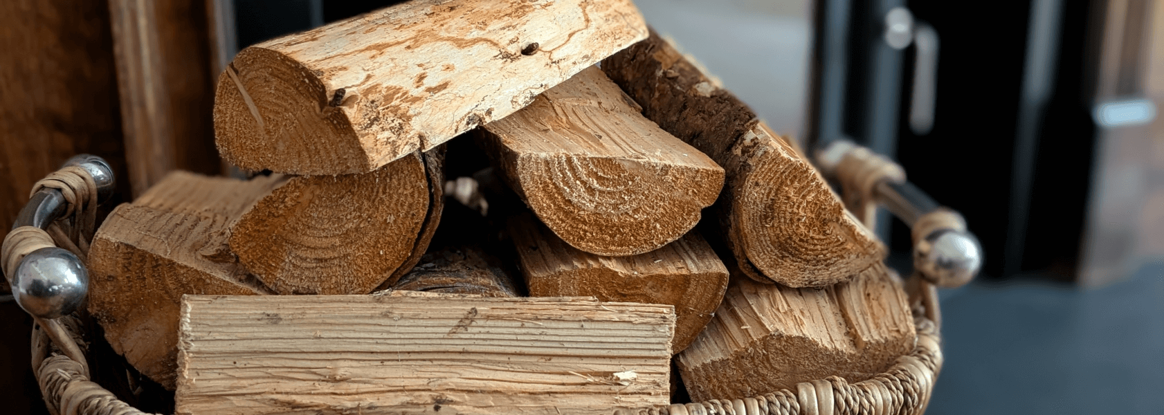 Stack of wooden logs in a woven basket with blurred background